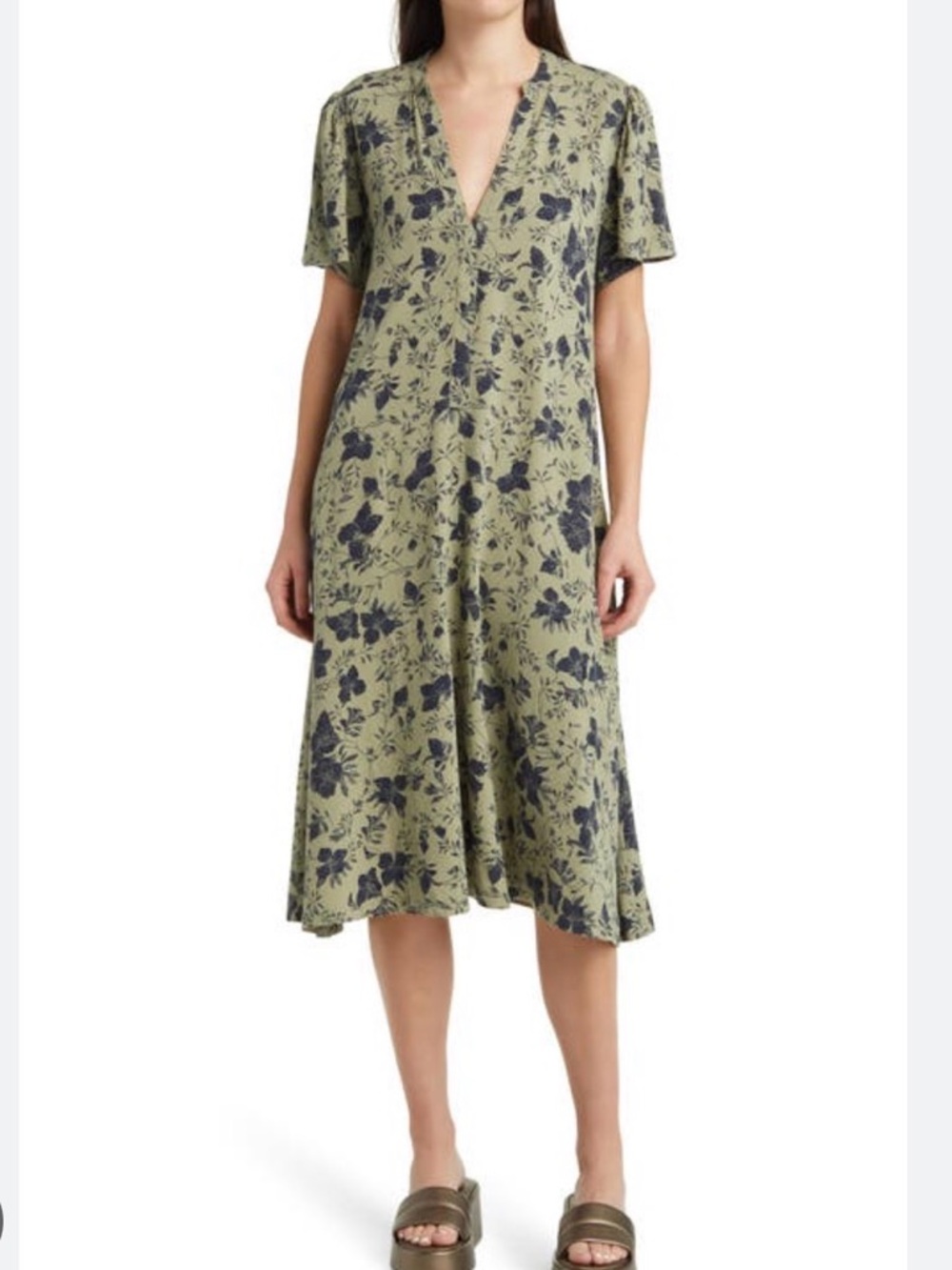 Treasure & Bond Olive Green Midi Dress with Navy Floral Print NWT 100%VISCOSE